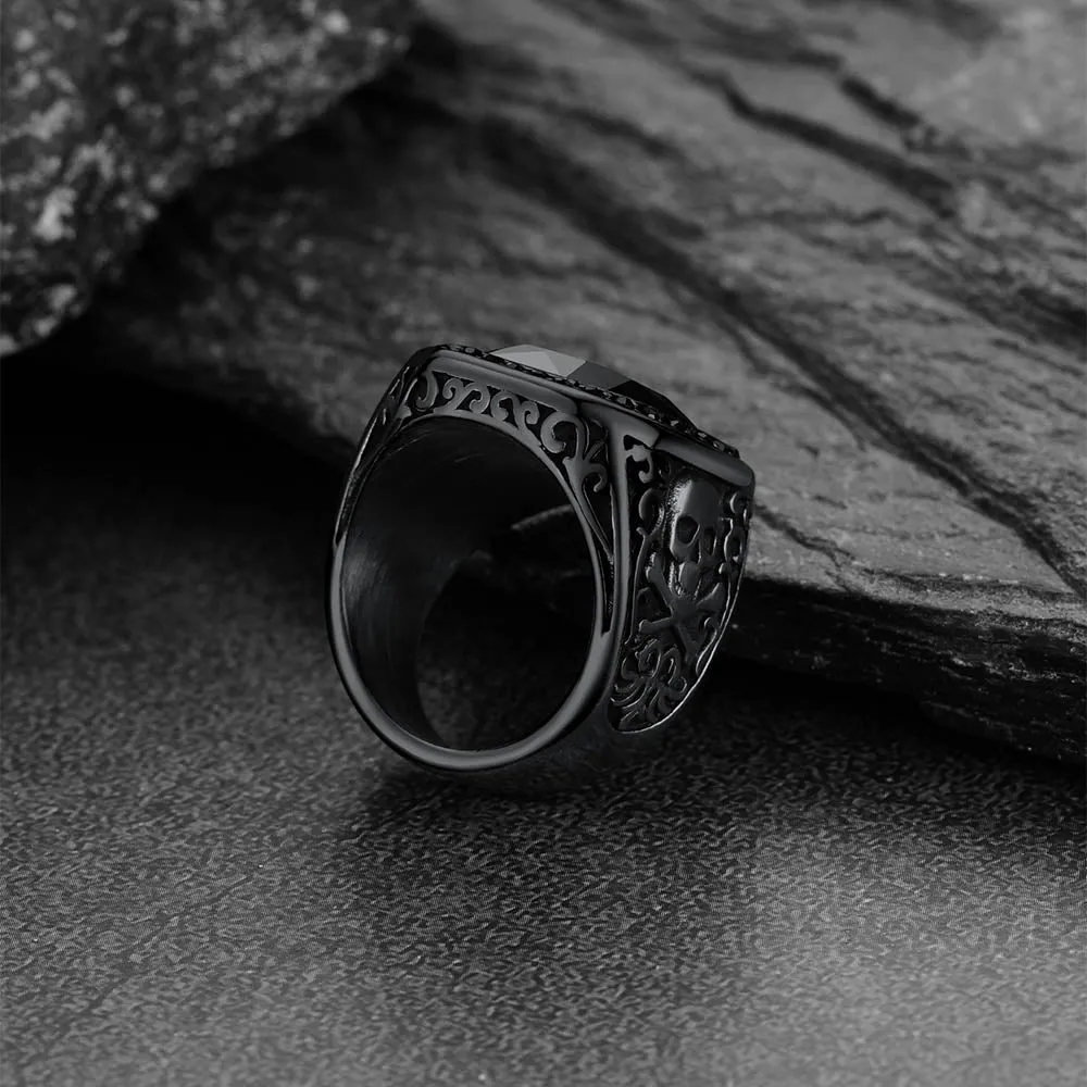 Skull Black Onyx Stone Signet Ring with Custom for Men