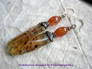 Smoky Sun Earrings, Dominican Amber Tabs, Carnelian, Copper