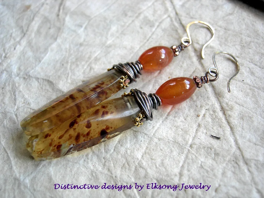 Smoky Sun Earrings, Dominican Amber Tabs, Carnelian, Copper