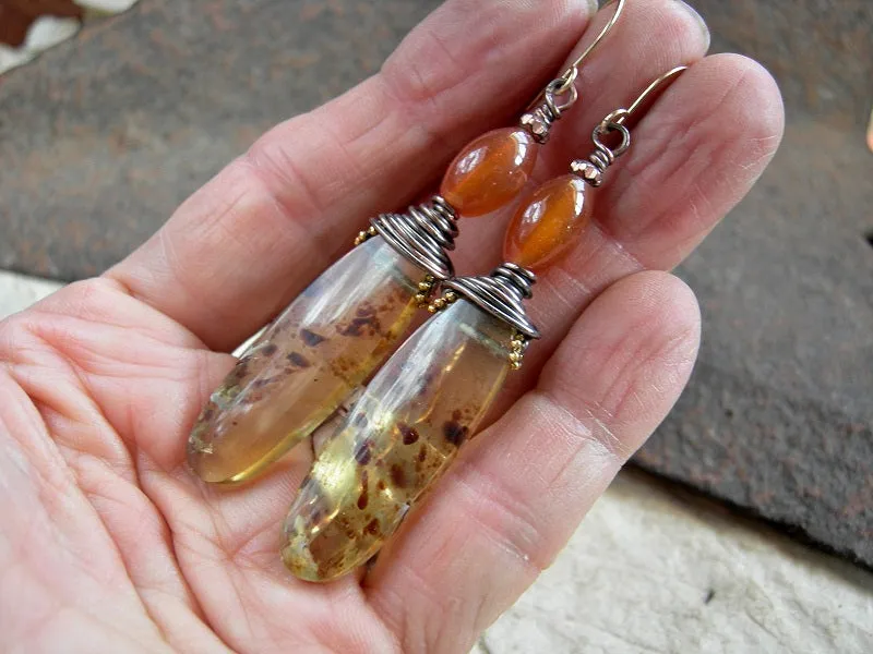 Smoky Sun Earrings, Dominican Amber Tabs, Carnelian, Copper
