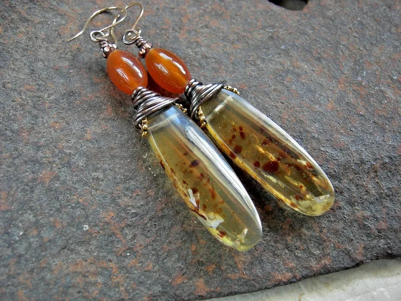 Smoky Sun Earrings, Dominican Amber Tabs, Carnelian, Copper