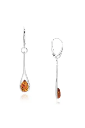 Sterling Silver Amber Long Shank Drop Earrings