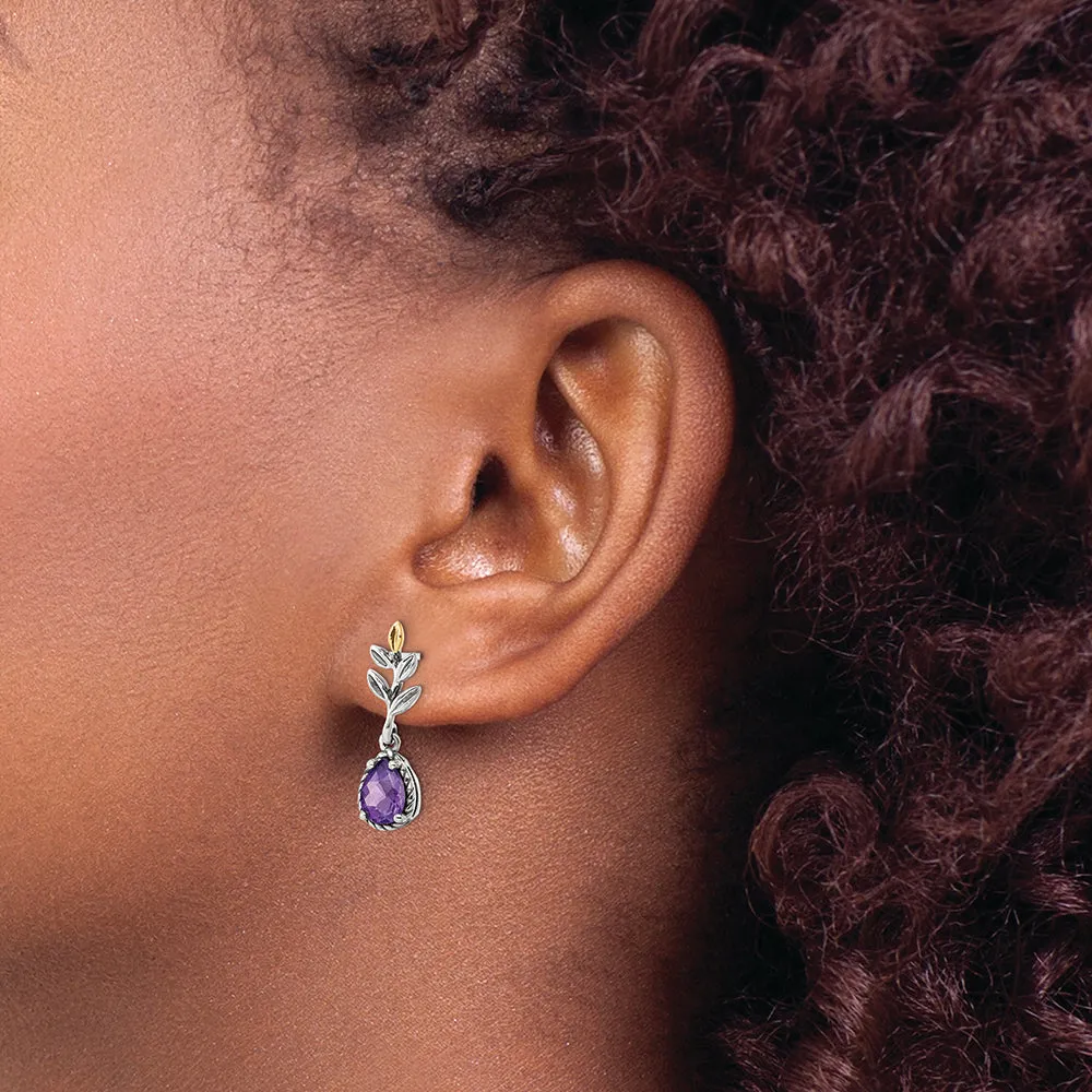 Sterling Silver w/14k Leaf 1.33AM Amethyst Dangle Post Earrings